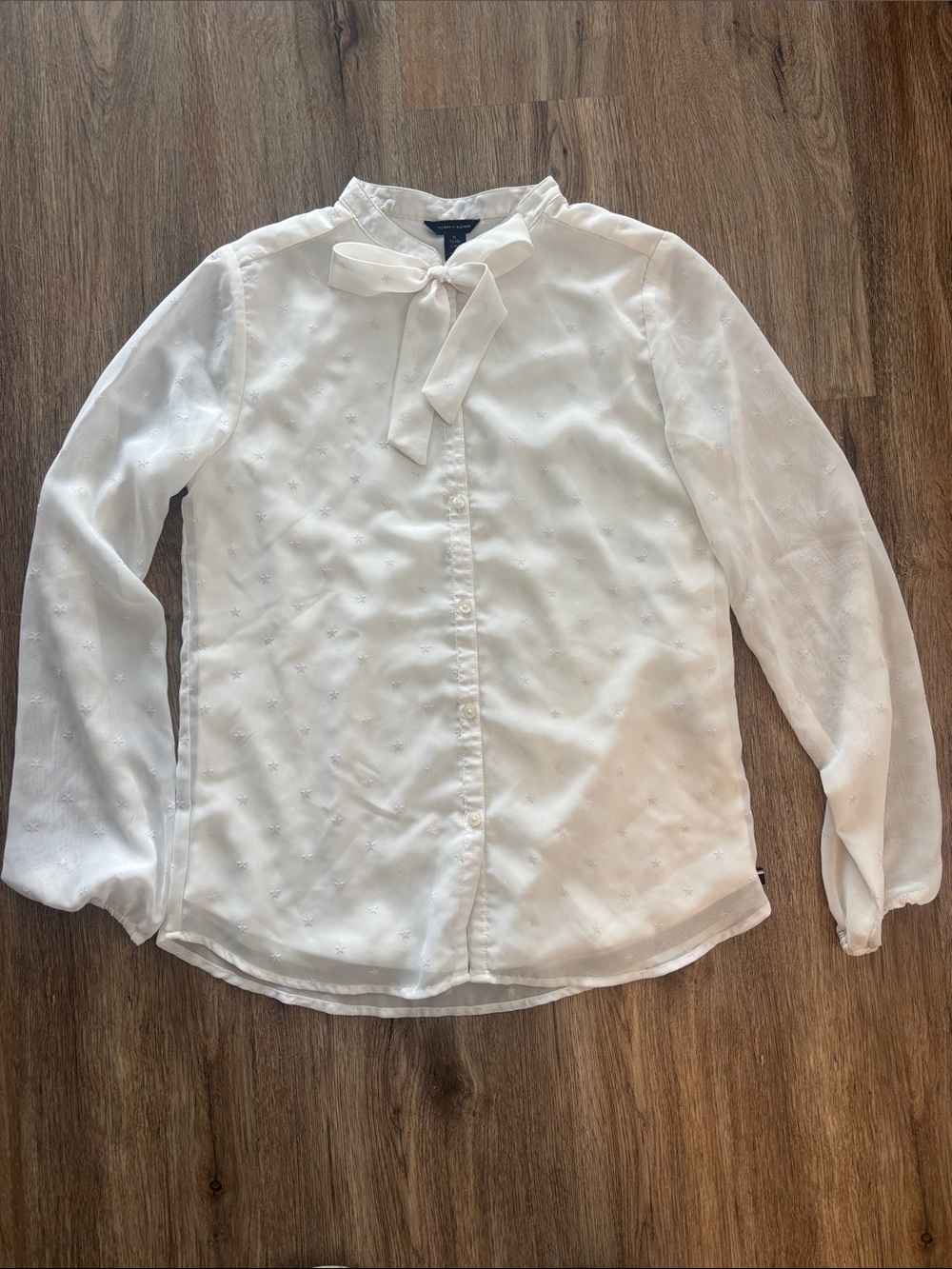 Tommy Hilfiger White Tie-Neck Sheer Long-Sleeve Blouse